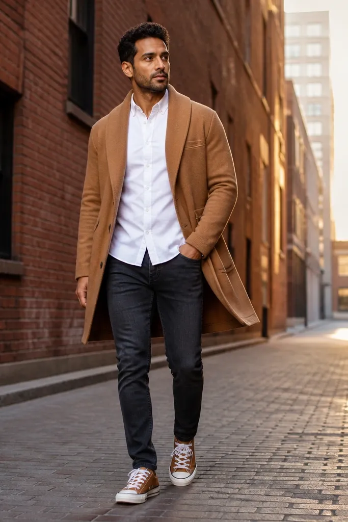 Charcoal jeans with tobacco Converse and a camel coatigan