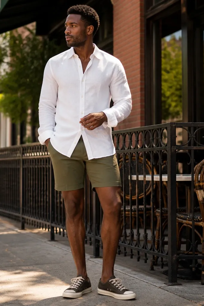 White linen shirt with dark brown Converse and olive shorts