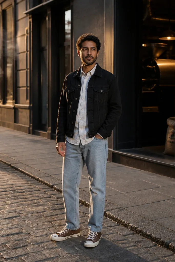 Light wash jeans with brown Converse and a black denim jacket