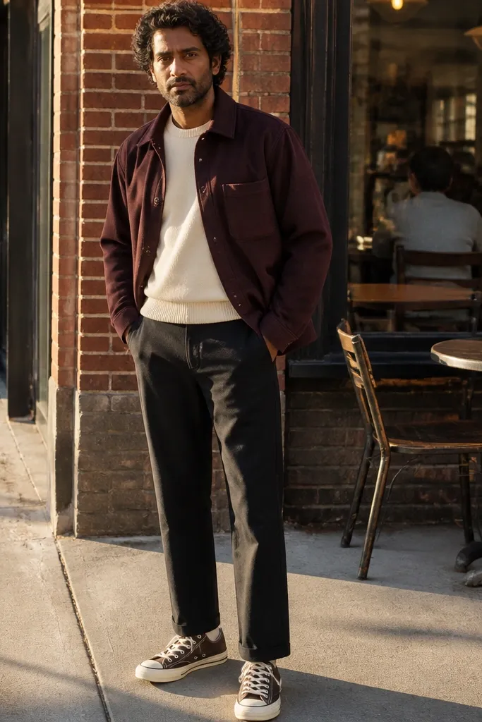 Burgundy overshirt with espresso Converse and black chinos