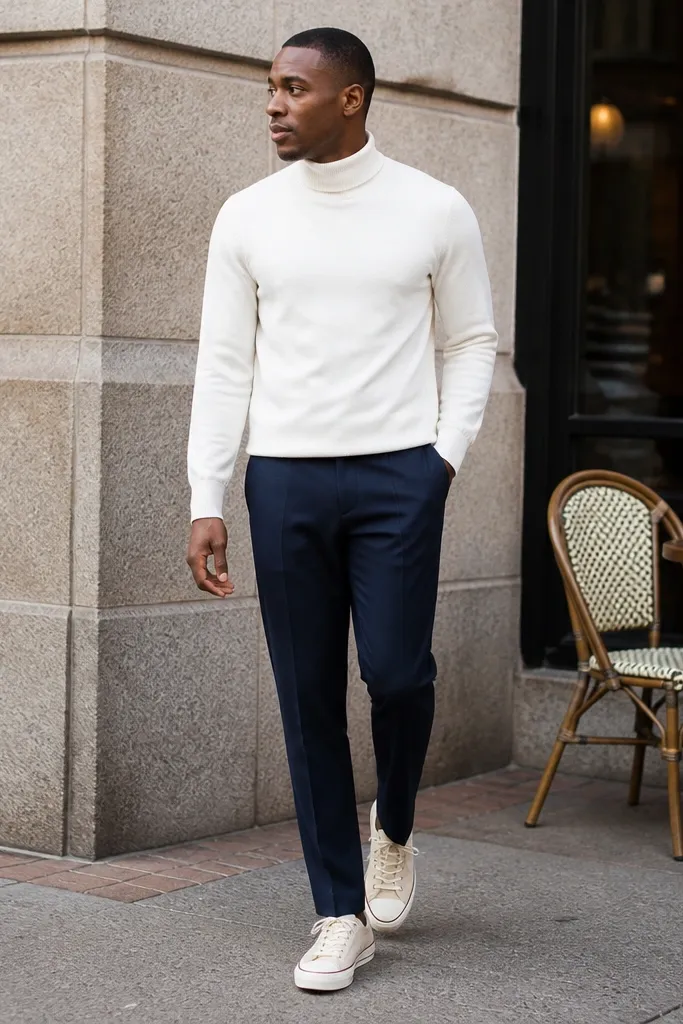 Navy trousers with tan Converse and a white turtleneck