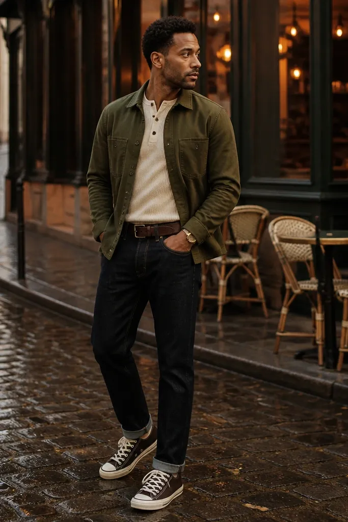 Olive chino overshirt with espresso Converse and a cream henley