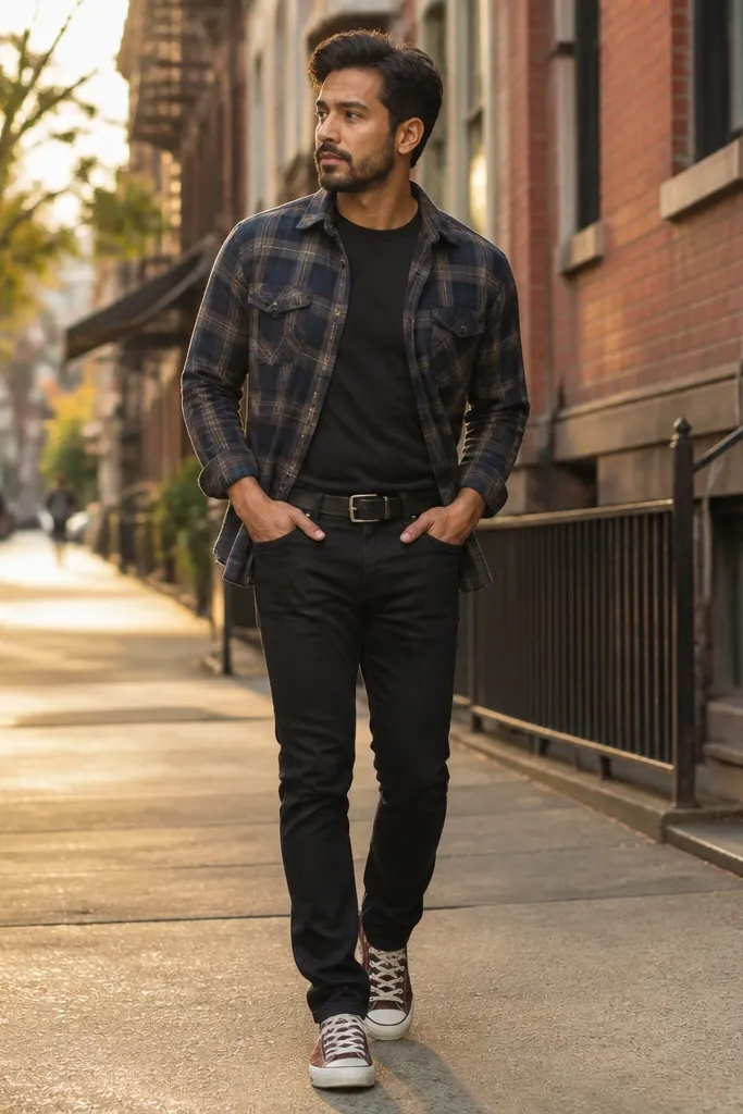 Plaid flannel with brown Converse and black slim jeans