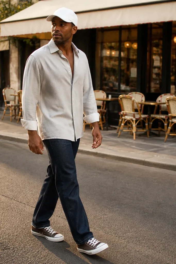 Light gray oversized shirt with espresso Converse and dark jeans
