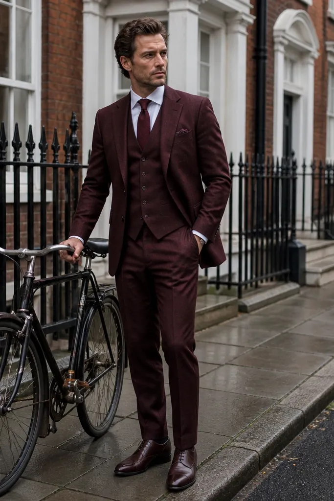 Oxblood three-piece suit with white shirt, dark brown leather shoes, and a burgundy tie