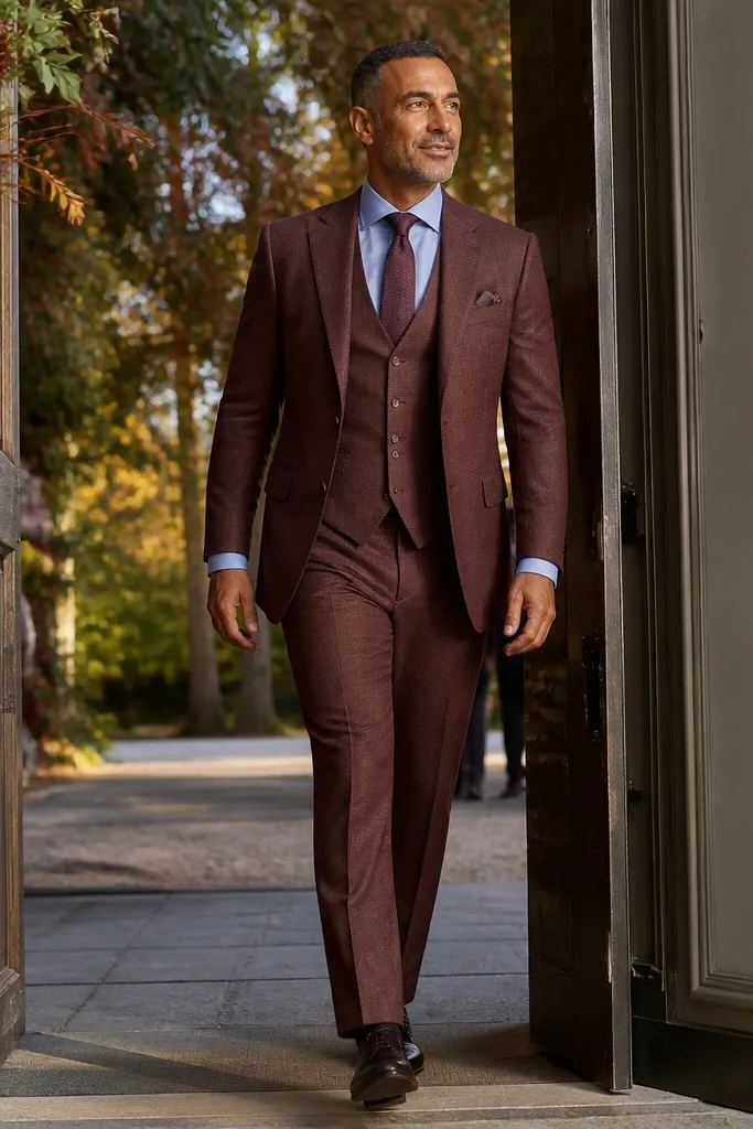 Brick-burgundy three-piece suit with light blue shirt and a wine textured tie