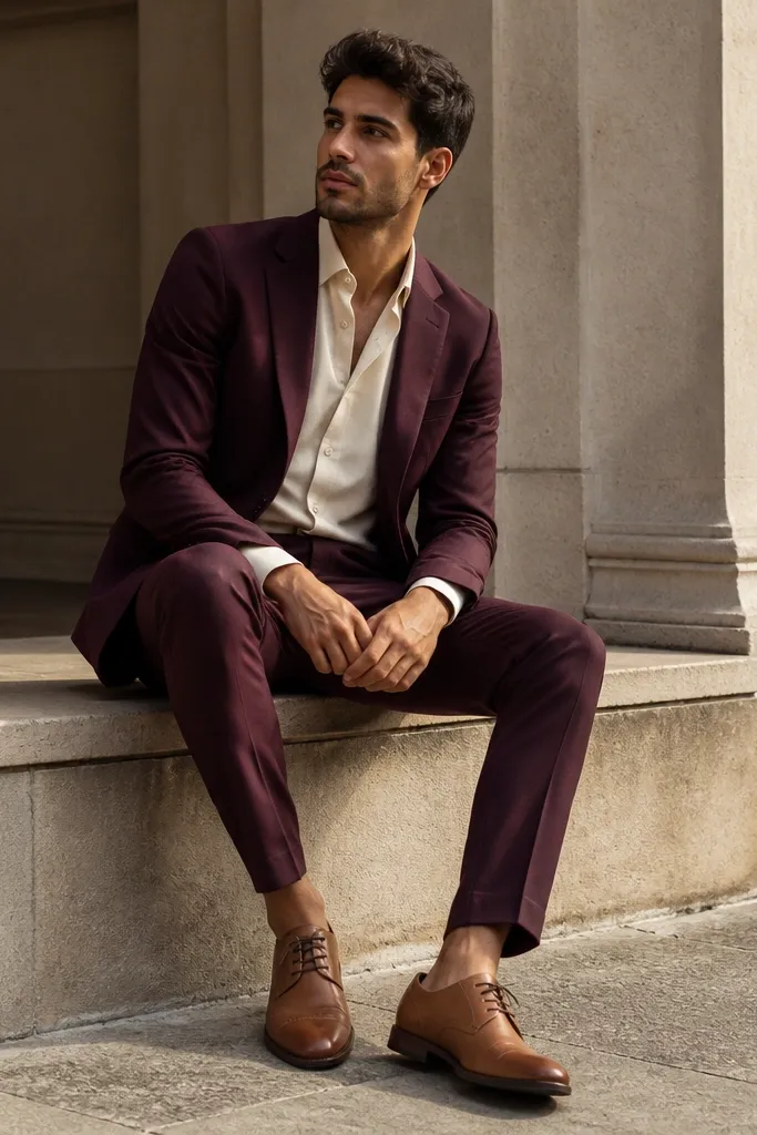 Burgundy three-piece suit with cream shirt and tan derby shoes