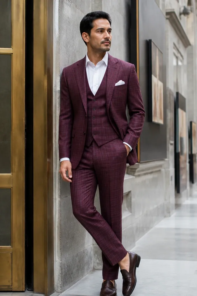Burgundy check three-piece suit with white pocket square and espresso loafers