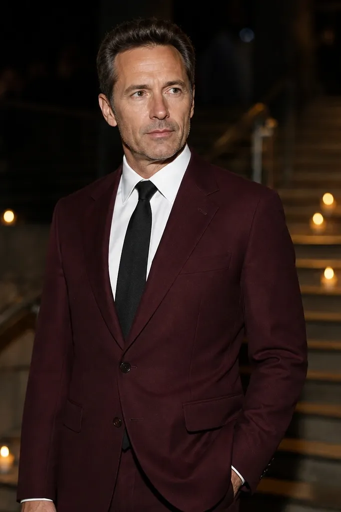 Matte burgundy three-piece suit with white shirt and black tie
