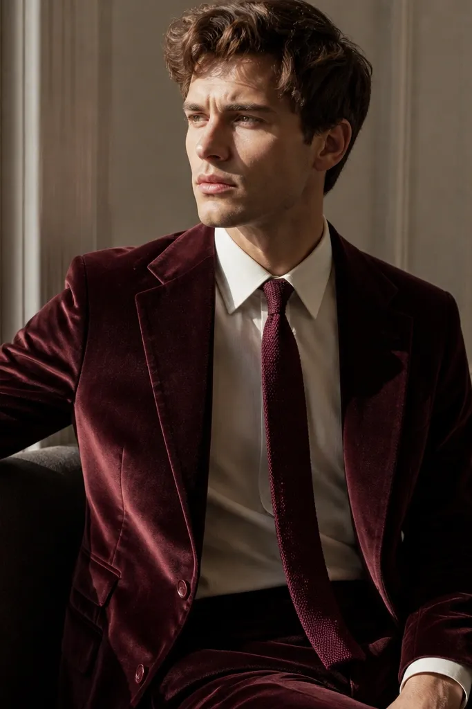 Burgundy three-piece suit with ivory shirt and burgundy knit tie