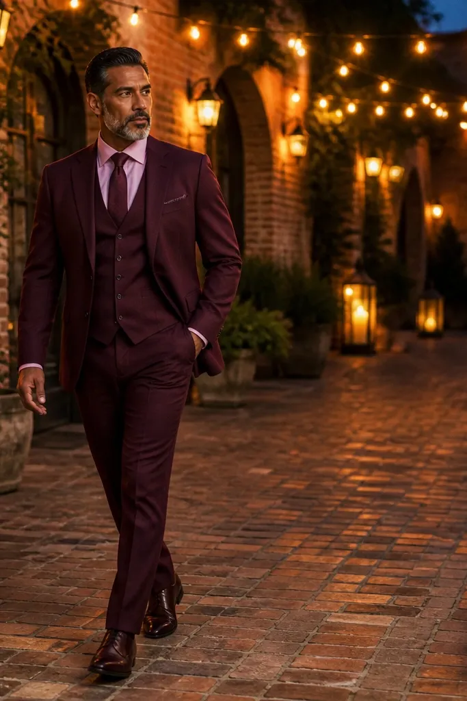 Deep wine three-piece suit with pale pink shirt and oxblood tie