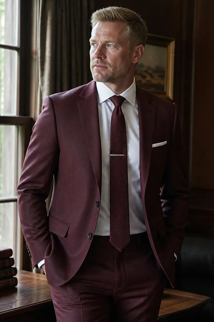 Burgundy three-piece suit with white shirt and tonal burgundy tie