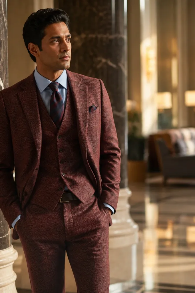 Burgundy herringbone three-piece suit with light blue shirt and brown shoes