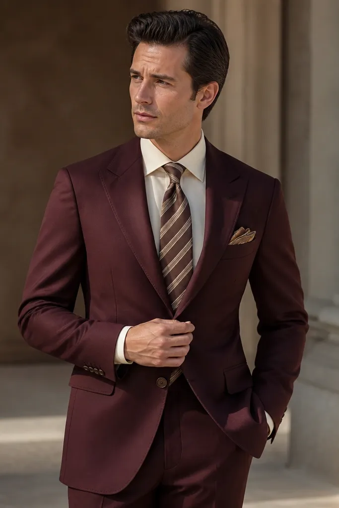 Burgundy three-piece suit with cream shirt and brown striped tie