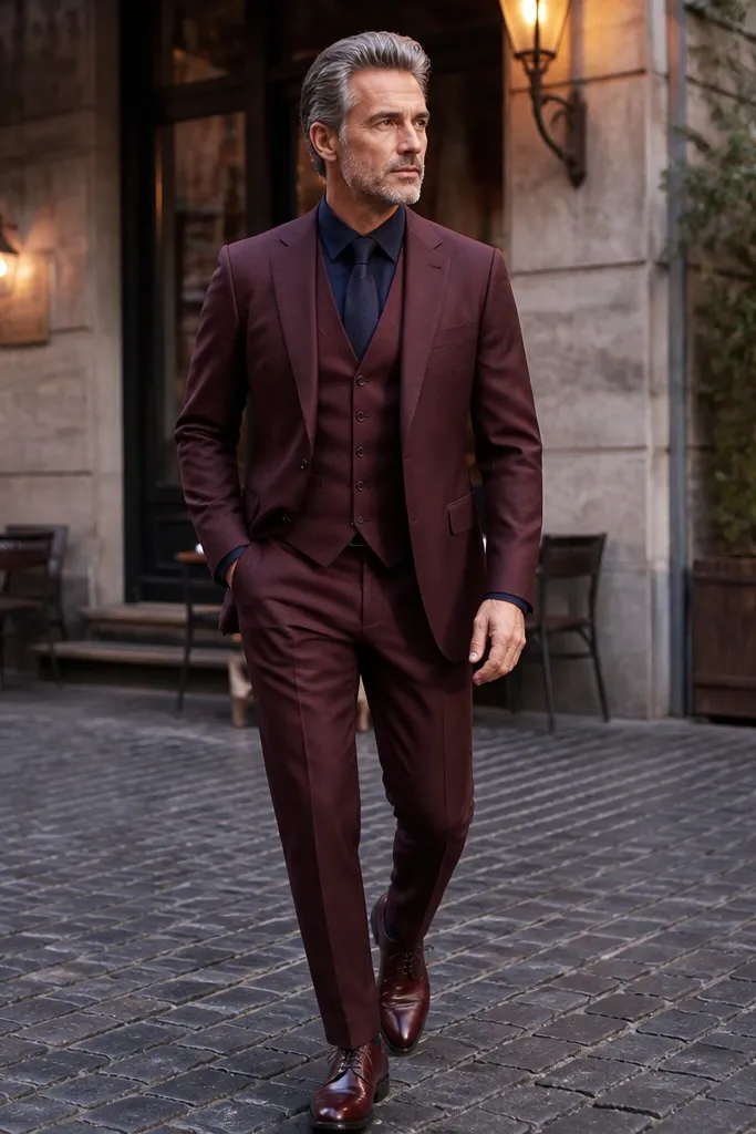 Burgundy three-piece suit with navy shirt and oxblood shoes