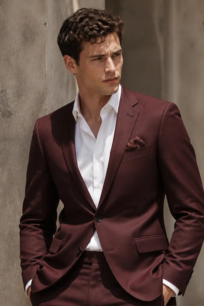 Burgundy three-piece suit with white shirt and burgundy patterned pocket square