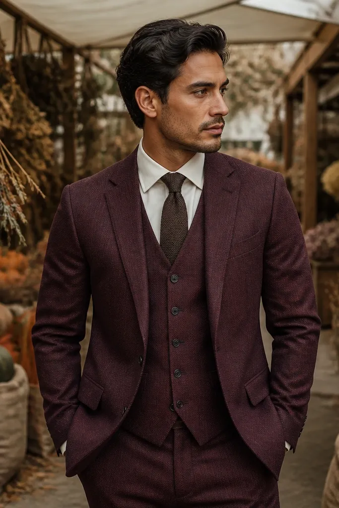 Burgundy three-piece suit with cream shirt and solid brown tie