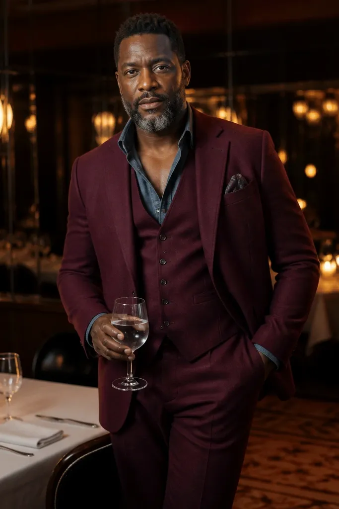 Burgundy three-piece suit with chambray shirt open collar and brown shoes