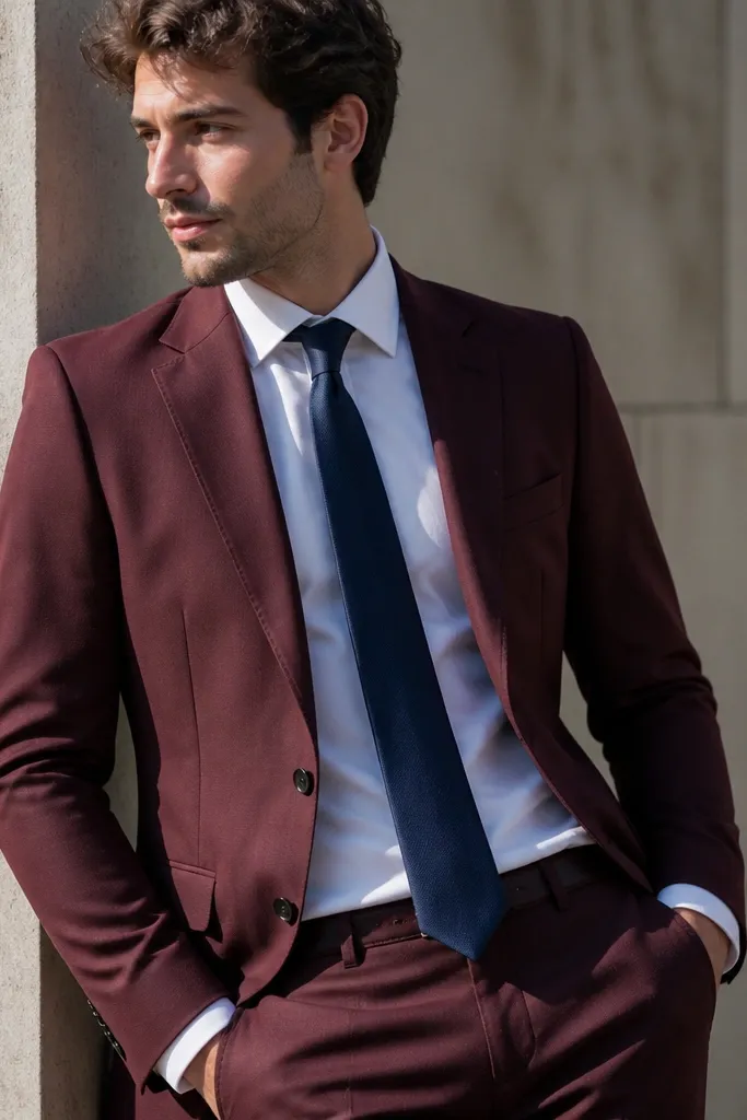 Burgundy three-piece suit with white shirt and navy silk tie