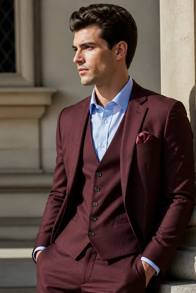Burgundy three-piece suit with light blue shirt and burgundy pocket square