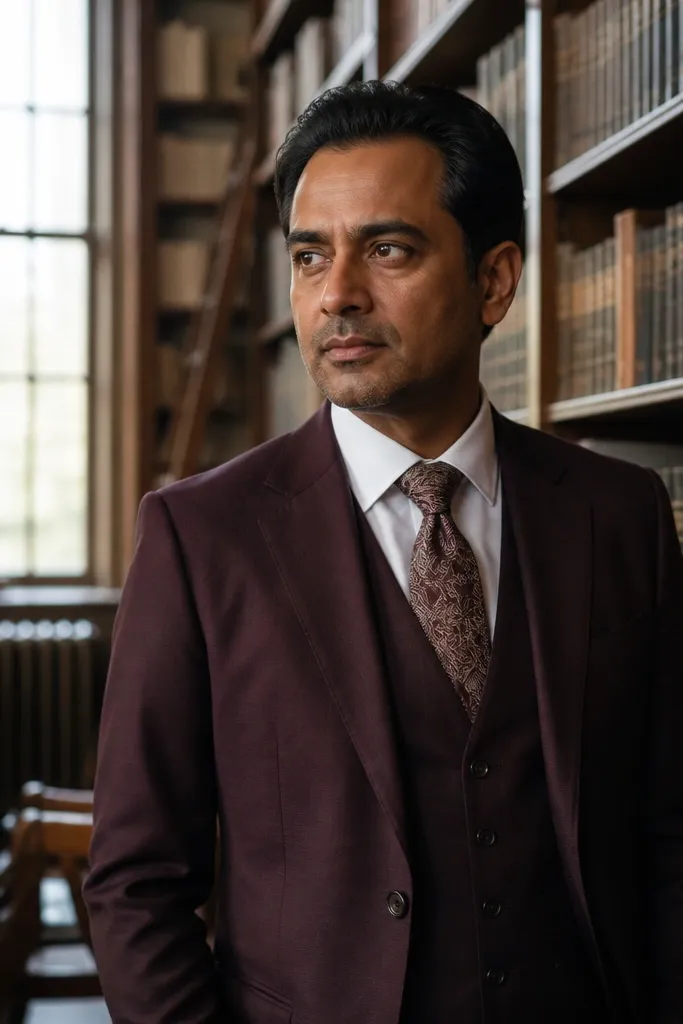 Burgundy three-piece suit with white shirt and subtle paisley tie
