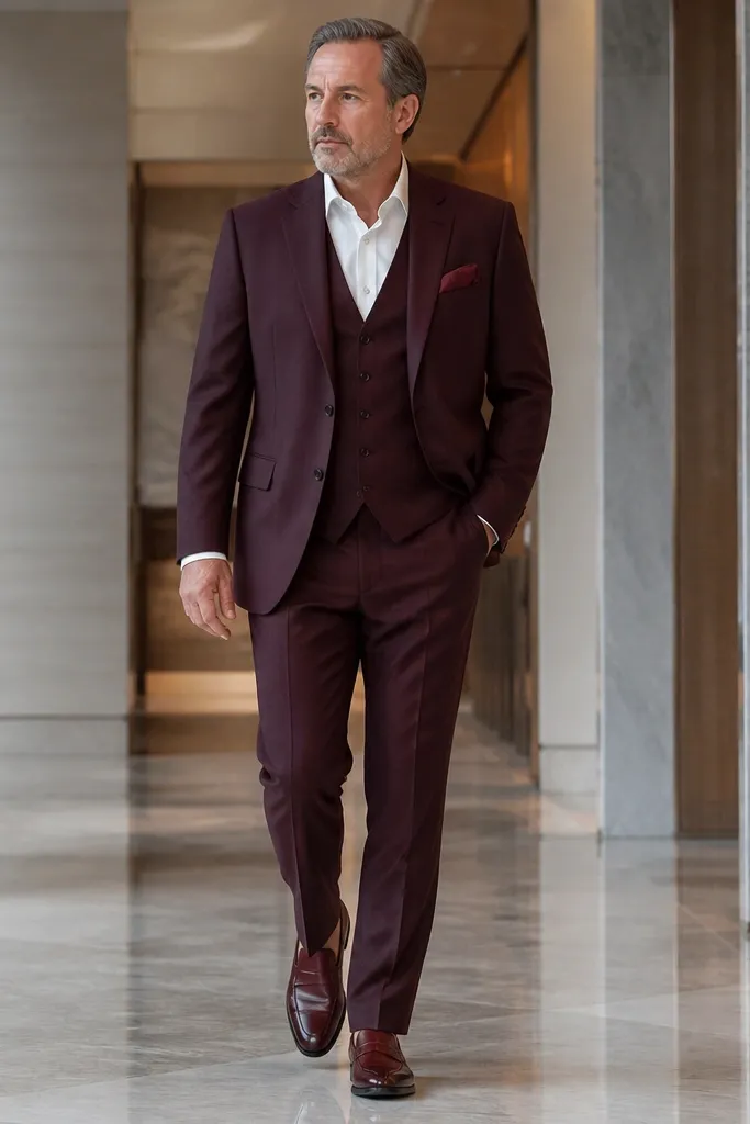 Burgundy three-piece suit with white shirt and burgundy leather loafers