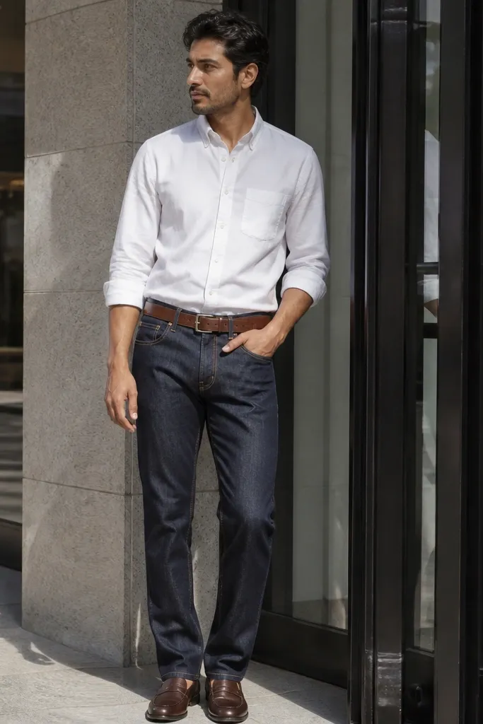 Indigo jeans with a white oxford shirt, brown belt, and dark brown loafers