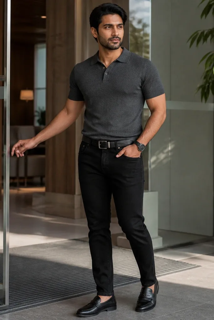 Black jeans with a charcoal knit polo and black loafers