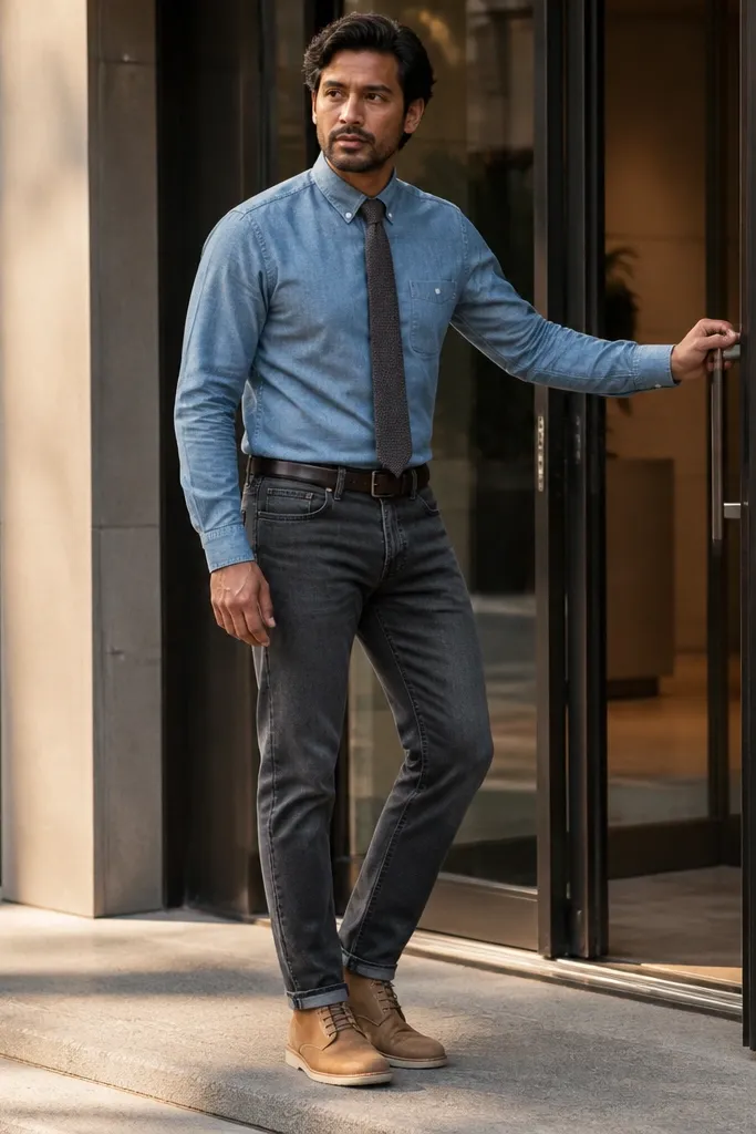 Charcoal jeans with a chambray button-down and tan suede chukka boots
