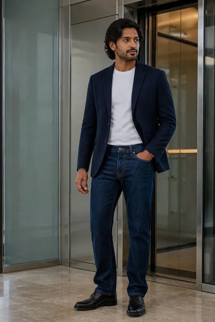 Dark indigo jeans with a navy blazer over a white tee and dark boots