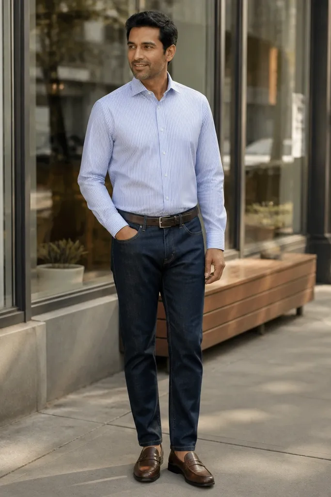 Indigo jeans with a light blue striped dress shirt and brown loafers