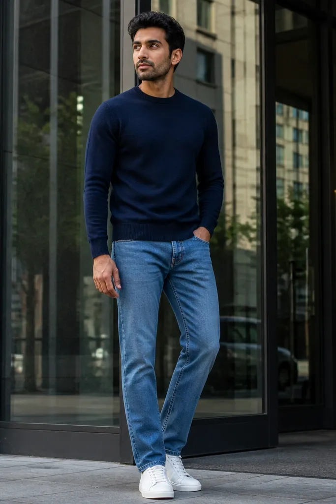 Mid-blue jeans with a navy crewneck sweater and clean white sneakers