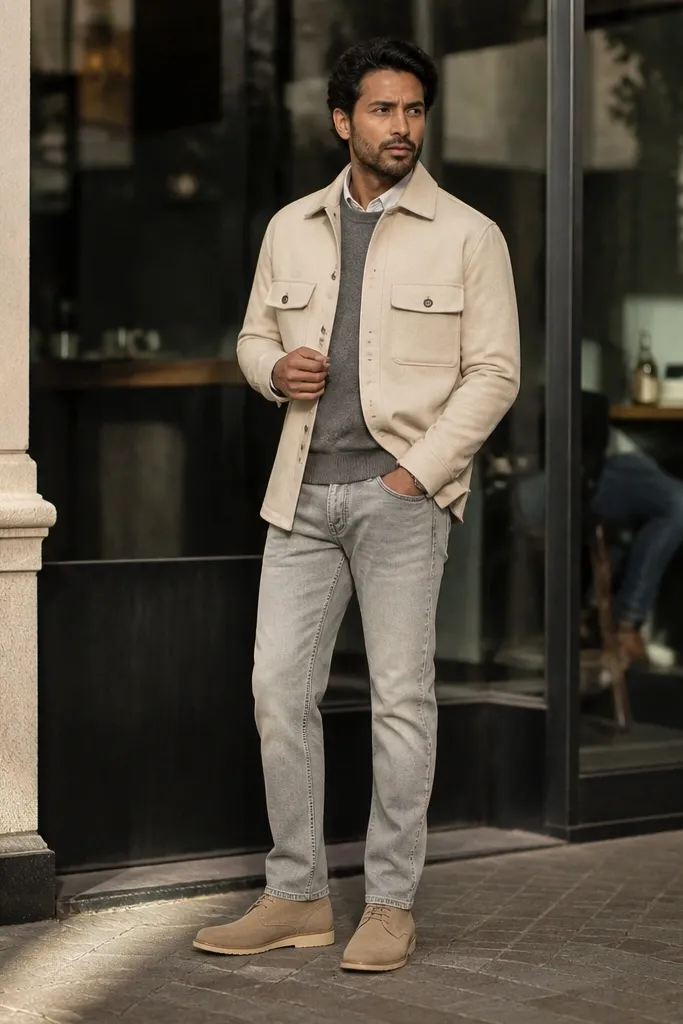 Stone jeans with an oatmeal overshirt and tan suede desert boots