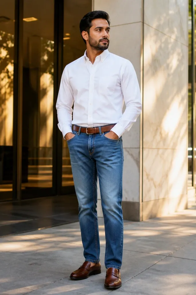 Light blue jeans with a white poplin shirt tucked in and brown loafers
