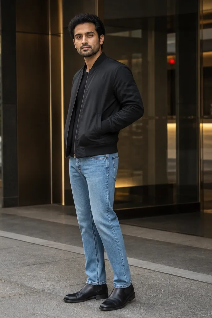 Light indigo jeans with a black bomber jacket and black Chelsea boots