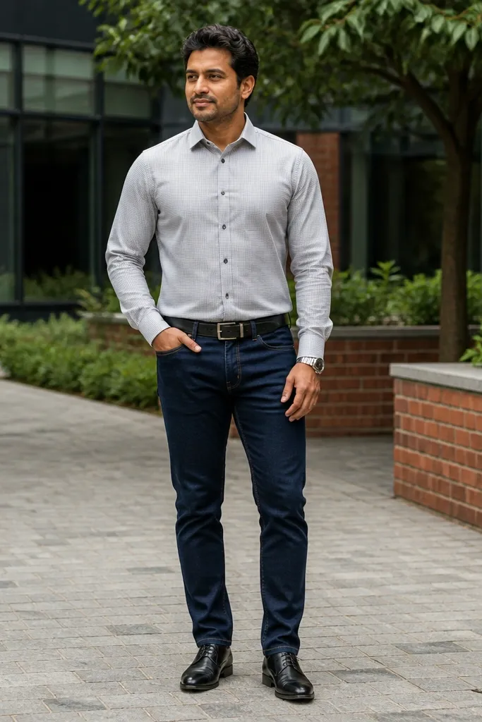 Dark indigo jeans with a subtle patterned button-up and dark leather shoes