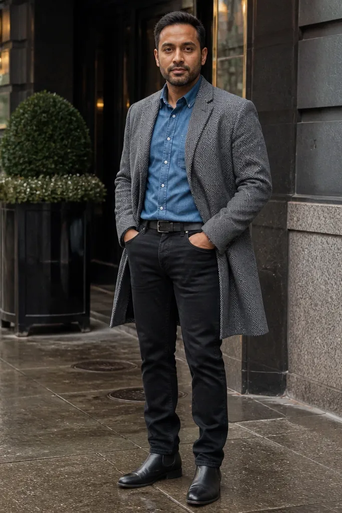 Black jeans with a gray overcoat and a chambray shirt