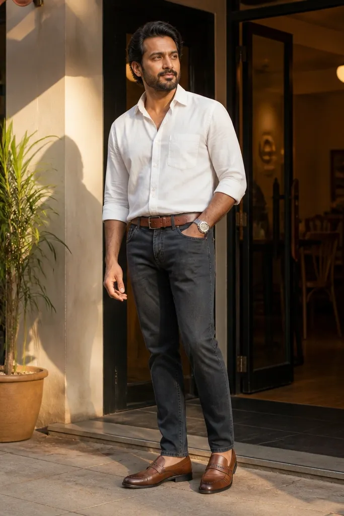 Charcoal jeans with a white linen-blend shirt and tan loafers