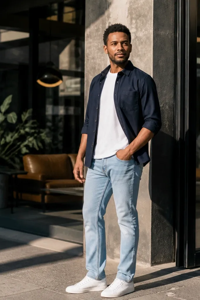 Light blue jeans with a navy button-down worn open over a white tee