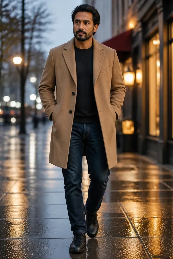 Dark indigo jeans with a camel overcoat and minimal dark sneakers