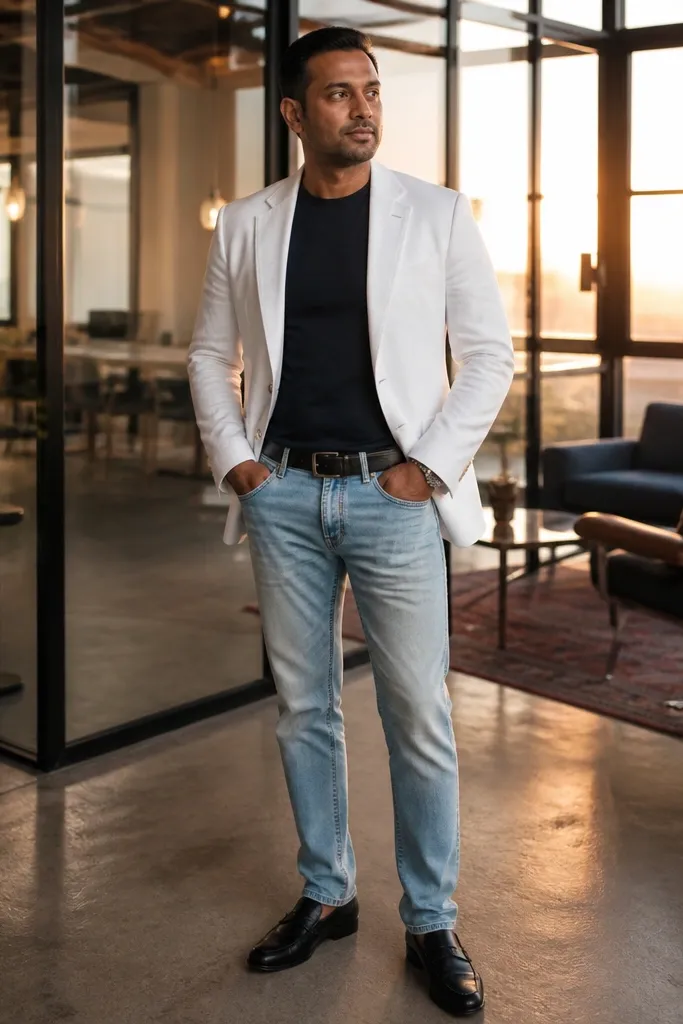 Light faded indigo jeans with a white blazer and dark crewneck