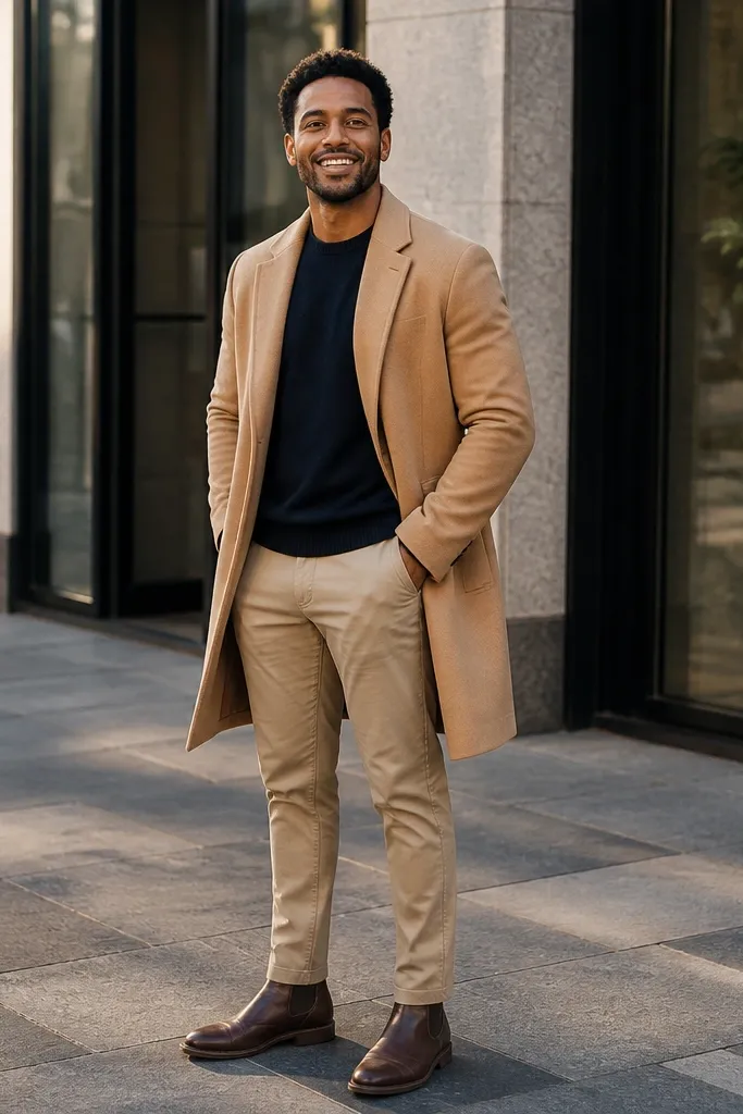 Navy crewneck sweater with beige chinos and brown Chelsea boots