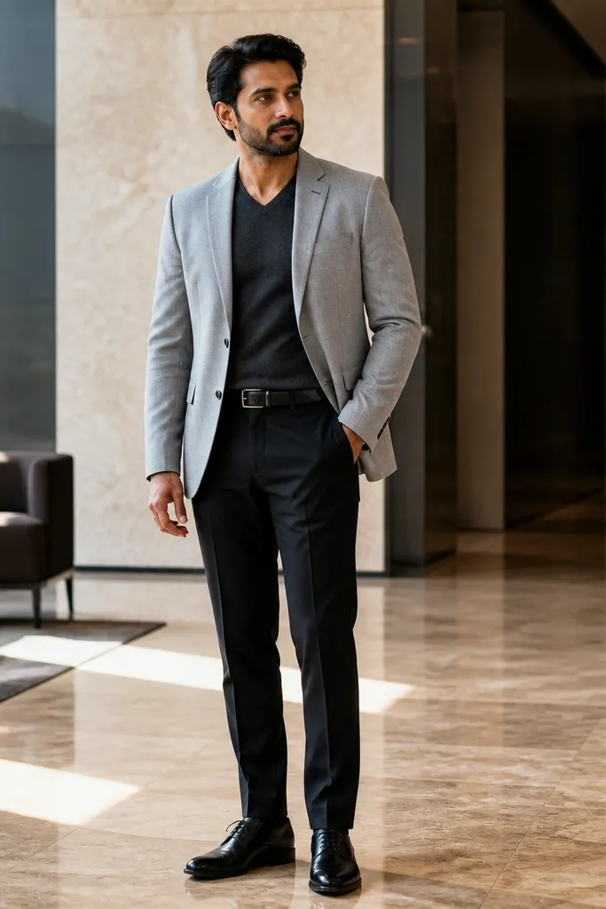 Charcoal V-neck sweater under a light gray blazer with dark trousers