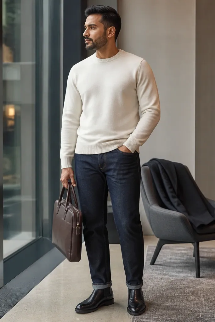 Cream sweater with dark indigo jeans and black Chelsea boots