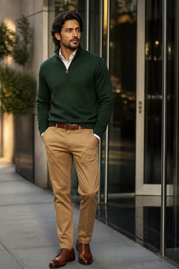 Forest green quarter-zip sweater with tan chinos and brown loafers