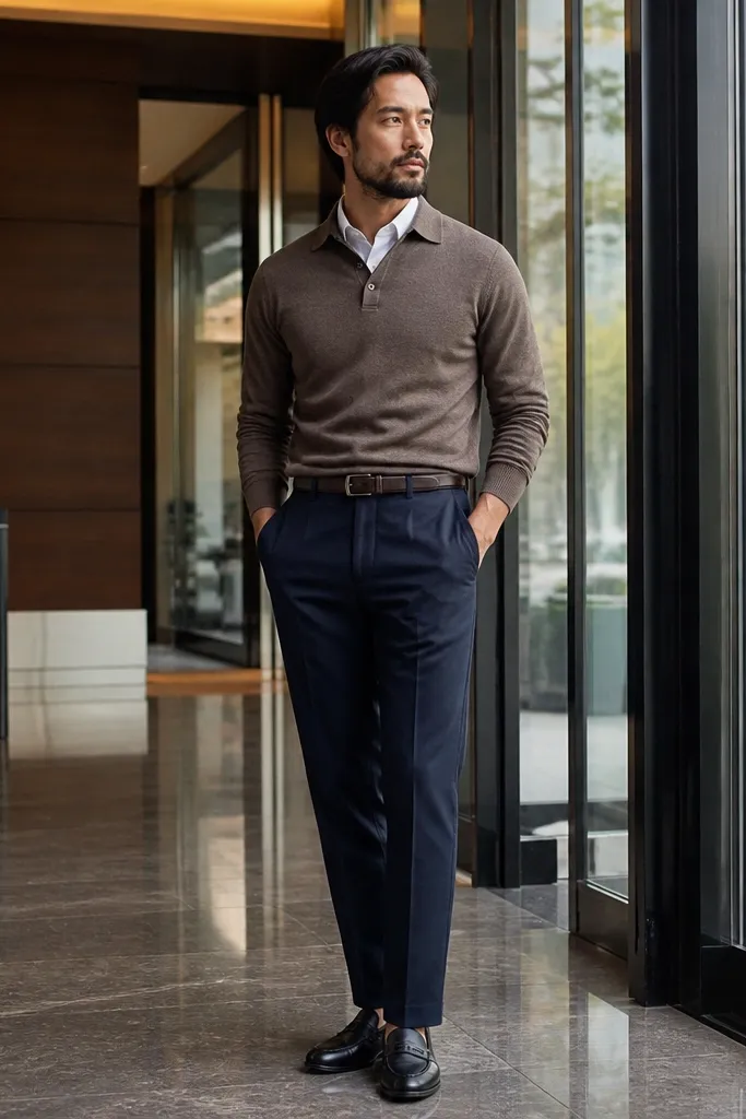 Brown knit polo sweater with navy trousers and cognac belt