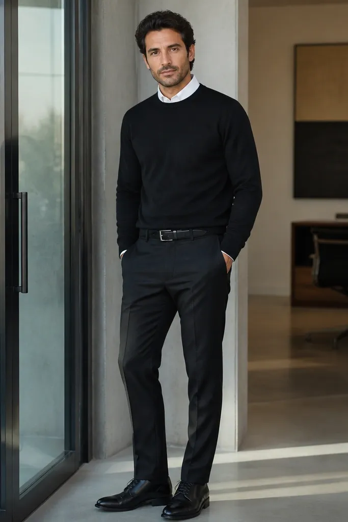 Black crewneck sweater over a white dress shirt and dark trousers