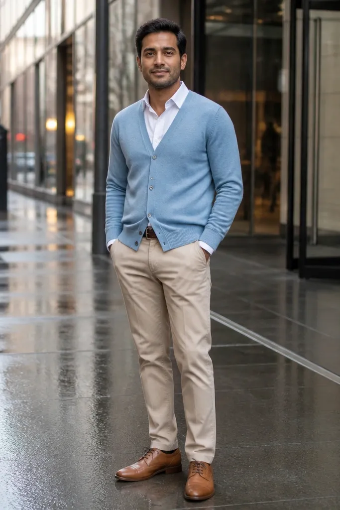 Light blue cardigan over a white tee with khaki chinos and tan loafers