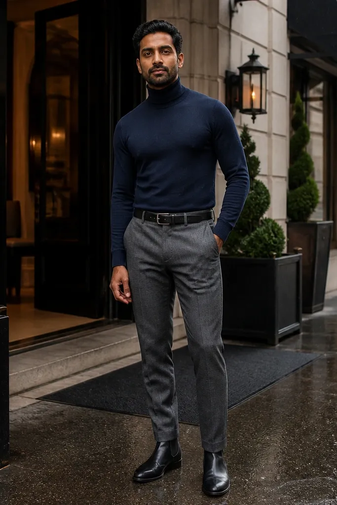 Navy turtleneck sweater with gray wool trousers and black leather shoes