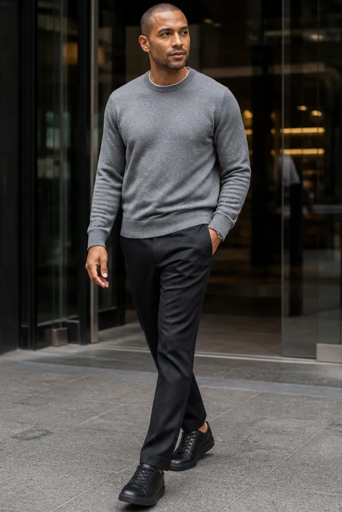 Gray mélange crewneck with black trousers and minimalist leather sneakers